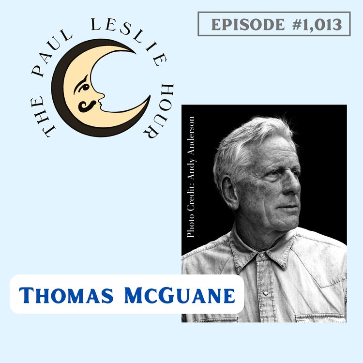 Writer Thomas McGuane is shown on a light blue background.