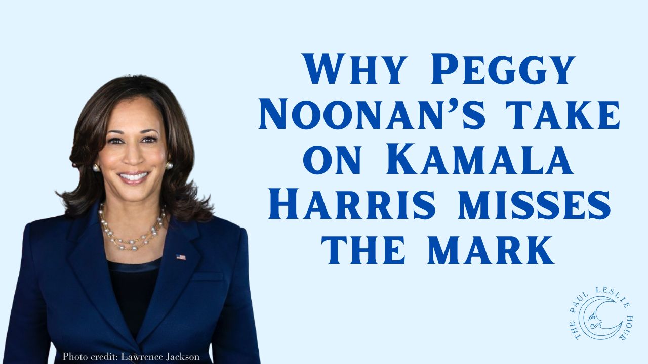 Presidential candidate Kamala Harris is shown on a light blue background.