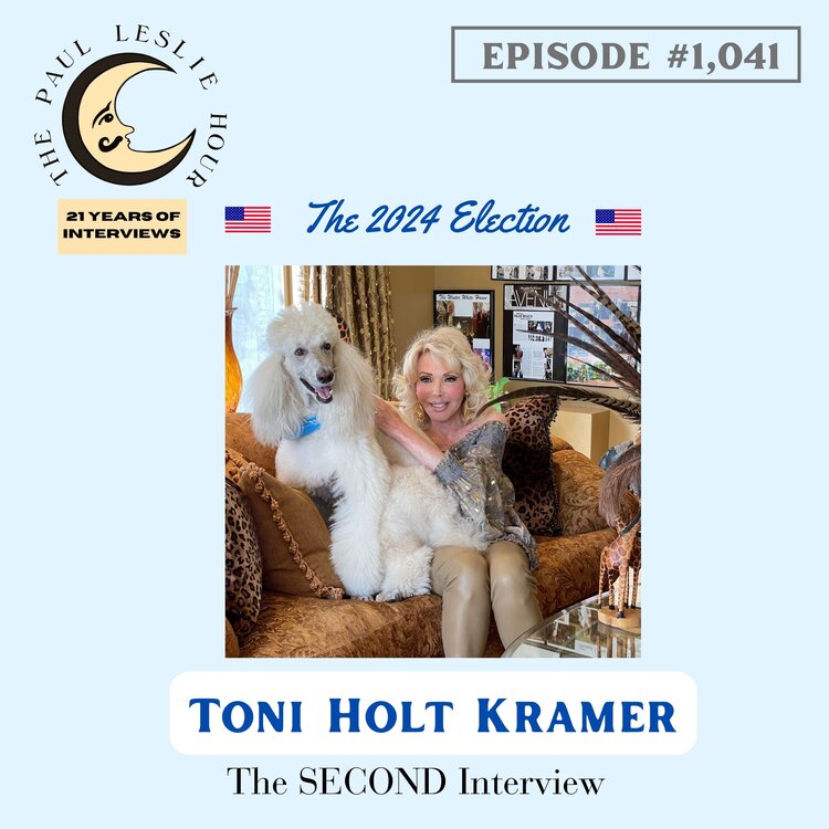 Toni Holt Kramer is shown with Stormy on a light blue background. The Paul Leslie Hour is nearby.