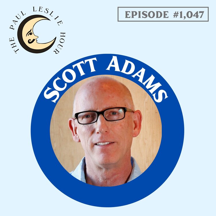 Author, cartoonist and daily show host Scott Adams is shown on a light blue background with The Paul Leslie Hour nearby.